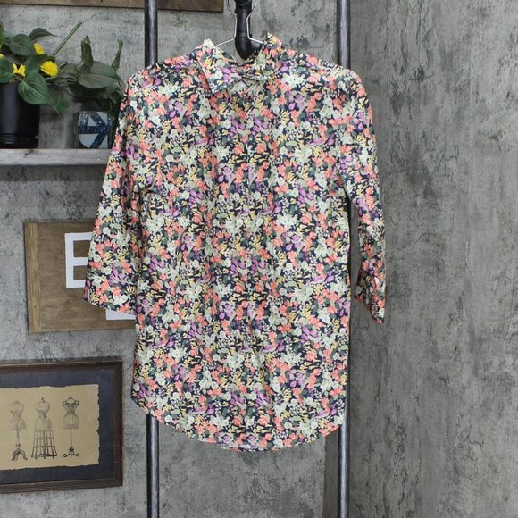 Lands End Tops - Lands' End 3/4 Sleeve Button Up Shirt 503294-Sample 4 Tall Black Multi Floral